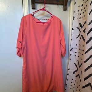 Coral Shift Dress with Buttoned Sleeves